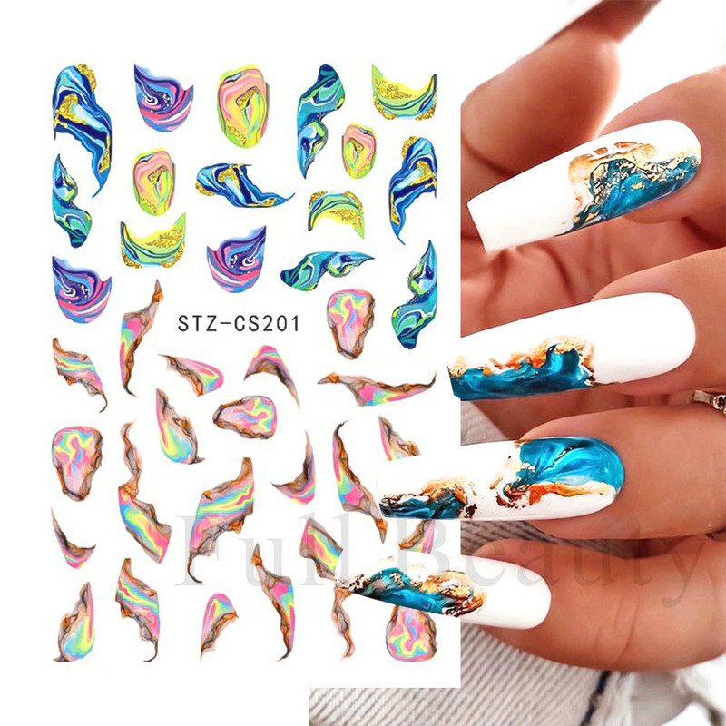 Blooming Pink Wave 3D αυτοκόλλητα ακουαρέλας Αφηρημένη γραμμή σχεδίασης υφής μαρμάρου Διακοσμητικά νυχιών με πολύχρωμη κορδέλα FBSTZ-CS203