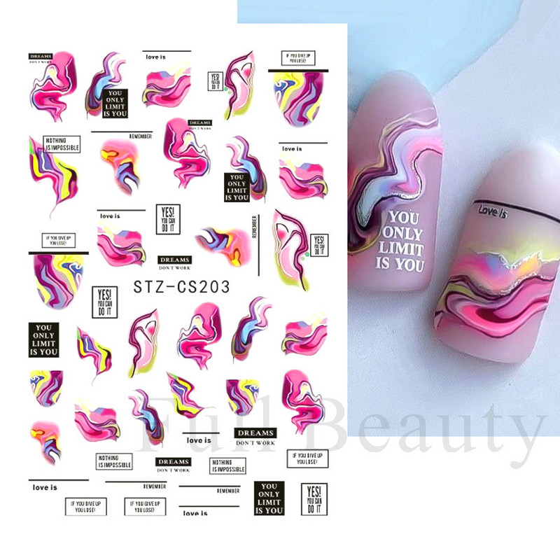 Blooming Pink Wave 3D αυτοκόλλητα ακουαρέλας Αφηρημένη γραμμή σχεδίασης υφής μαρμάρου Διακοσμητικά νυχιών με πολύχρωμη κορδέλα FBSTZ-CS203