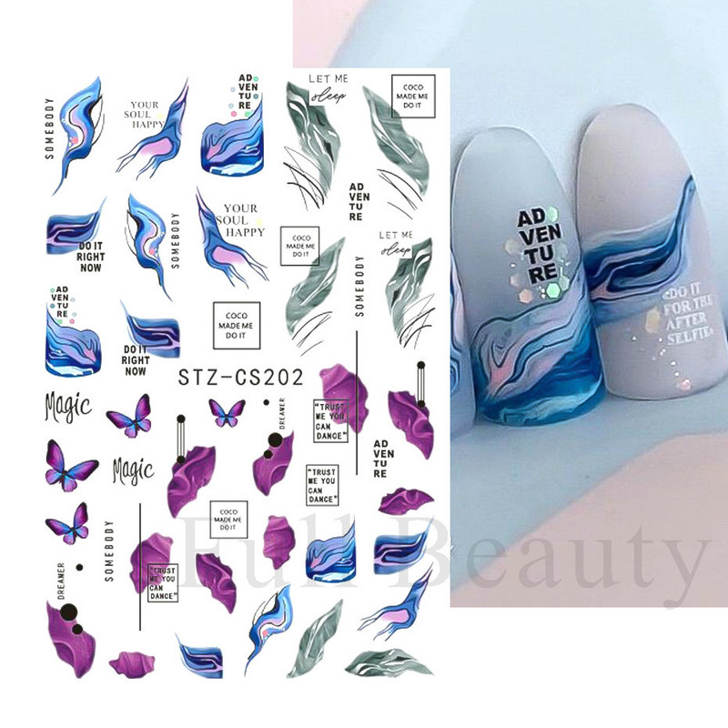 Blooming Pink Wave 3D αυτοκόλλητα ακουαρέλας Αφηρημένη γραμμή σχεδίασης υφής μαρμάρου Διακοσμητικά νυχιών με πολύχρωμη κορδέλα FBSTZ-CS203