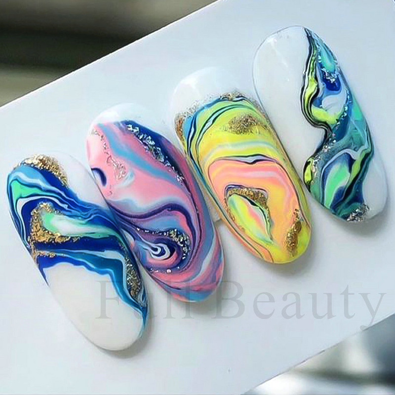 Blooming Pink Wave 3D αυτοκόλλητα ακουαρέλας Αφηρημένη γραμμή σχεδίασης υφής μαρμάρου Διακοσμητικά νυχιών με πολύχρωμη κορδέλα FBSTZ-CS203