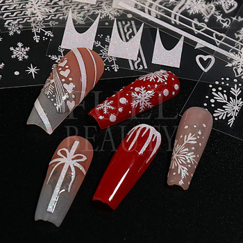 Glitter Χριστουγεννιάτικα 3D Nails Αυτοκόλλητα Snowflakes Xmas Elk Winter Snow Sliders Shiny Powder Design Καρδιά γαλλικά αυτοκόλλητα νυχιών LS-J21