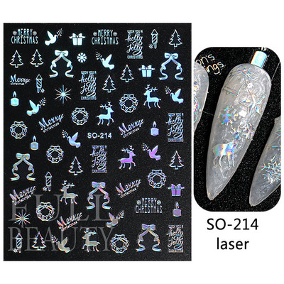 Glitter Χριστουγεννιάτικα 3D Nails Αυτοκόλλητα Snowflakes Xmas Elk Winter Snow Sliders Shiny Powder Design Καρδιά γαλλικά αυτοκόλλητα νυχιών LS-J21