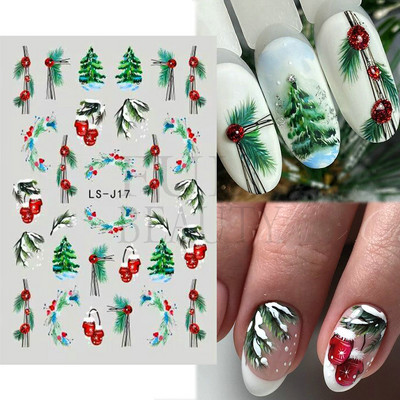 Glitter Χριστουγεννιάτικα 3D Nails Αυτοκόλλητα Snowflakes Xmas Elk Winter Snow Sliders Shiny Powder Design Καρδιά γαλλικά αυτοκόλλητα νυχιών LS-J21