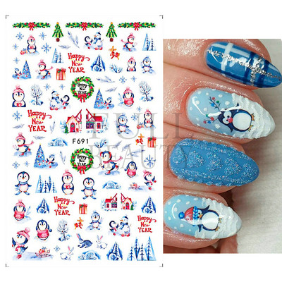Glitter Χριστουγεννιάτικα 3D Nails Αυτοκόλλητα Snowflakes Xmas Elk Winter Snow Sliders Shiny Powder Design Καρδιά γαλλικά αυτοκόλλητα νυχιών LS-J21