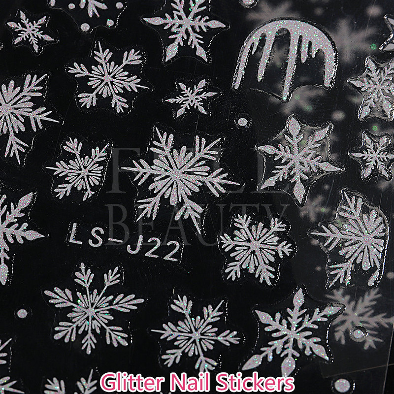 Glitter Χριστουγεννιάτικα 3D Nails Αυτοκόλλητα Snowflakes Xmas Elk Winter Snow Sliders Shiny Powder Design Καρδιά γαλλικά αυτοκόλλητα νυχιών LS-J21