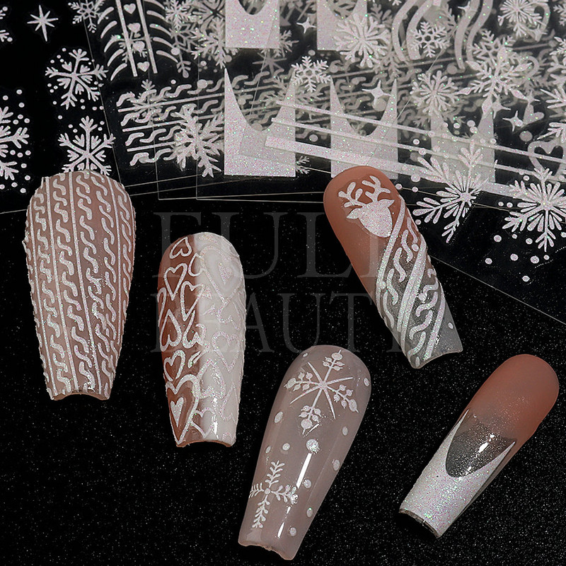 Glitter Χριστουγεννιάτικα 3D Nails Αυτοκόλλητα Snowflakes Xmas Elk Winter Snow Sliders Shiny Powder Design Καρδιά γαλλικά αυτοκόλλητα νυχιών LS-J21