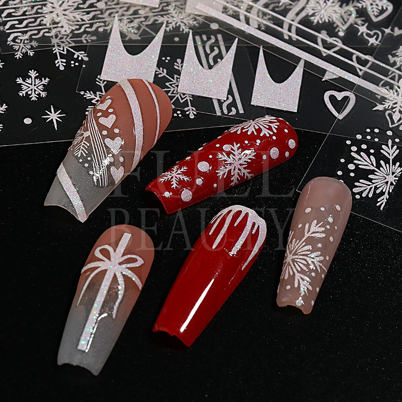 Glitter Χριστουγεννιάτικα 3D Nails Αυτοκόλλητα Snowflakes Xmas Elk Winter Snow Sliders Shiny Powder Design Καρδιά γαλλικά αυτοκόλλητα νυχιών LS-J21