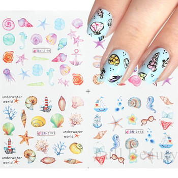 12 дизайна Водни стикери за рисуване на нокти, цветни раковини, морски звезди, плъзгачи, стикери на тема океан, декорации за изкуство за нокти LABN2185-2196