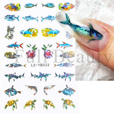 3D Fish Laser Nails Αυτοκόλλητα Sea Animals Gold Bronzing Design Αυτοκόλλητα Sliders Winter Nails Art Foils DIY Decorations GLLS-YB033
