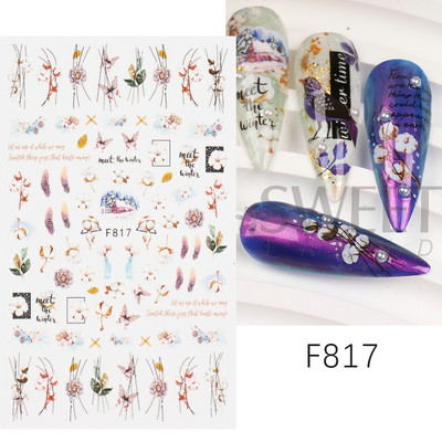 Talvegeomeetria puuvillased küünekleebised 3D sinised taimed okaspuust raami disainiga kleebised 2022 trendi maniküüri liugurid Decor LYF817