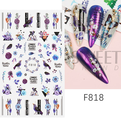 Talvegeomeetria puuvillased küünekleebised 3D sinised taimed okaspuust raami disainiga kleebised 2022 trendi maniküüri liugurid Decor LYF817