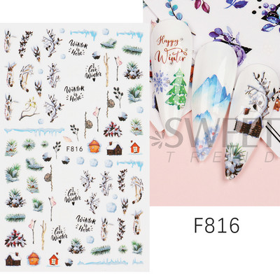 Talvegeomeetria puuvillased küünekleebised 3D sinised taimed okaspuust raami disainiga kleebised 2022 trendi maniküüri liugurid Decor LYF817