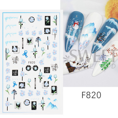 Talvegeomeetria puuvillased küünekleebised 3D sinised taimed okaspuust raami disainiga kleebised 2022 trendi maniküüri liugurid Decor LYF817