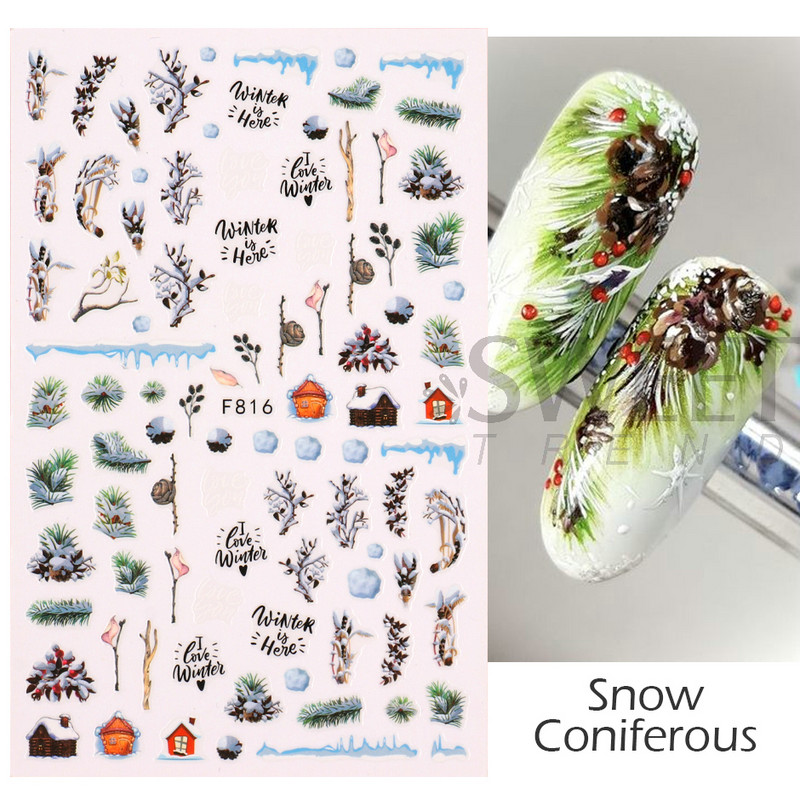 Talvegeomeetria puuvillased küünekleebised 3D sinised taimed okaspuust raami disainiga kleebised 2022 trendi maniküüri liugurid Decor LYF817