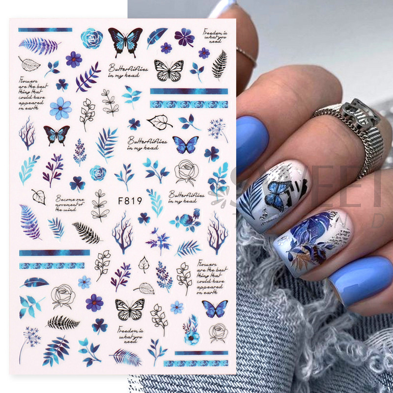 Talvegeomeetria puuvillased küünekleebised 3D sinised taimed okaspuust raami disainiga kleebised 2022 trendi maniküüri liugurid Decor LYF817