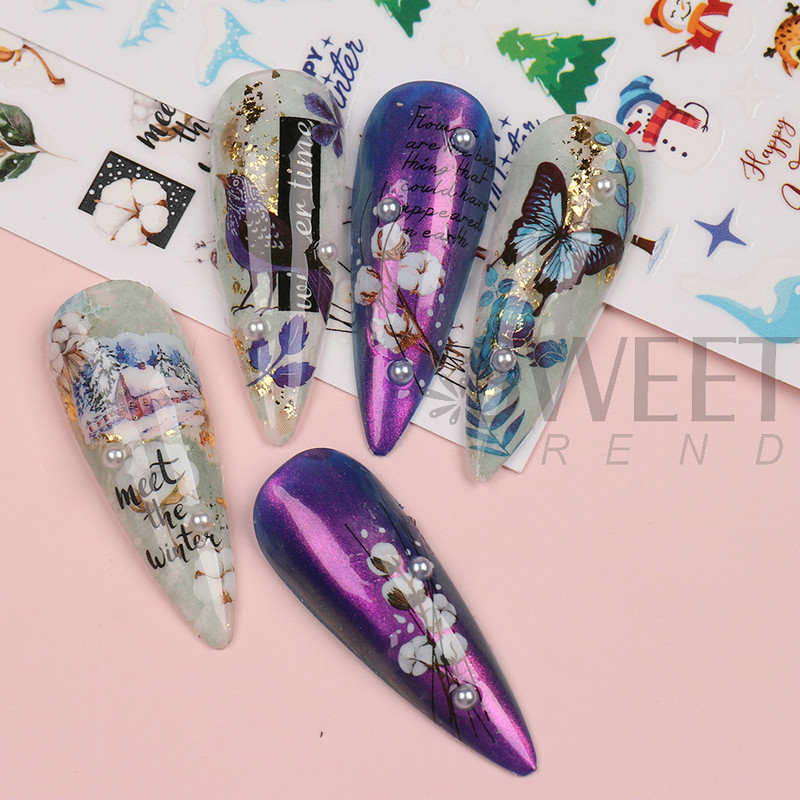 Talvegeomeetria puuvillased küünekleebised 3D sinised taimed okaspuust raami disainiga kleebised 2022 trendi maniküüri liugurid Decor LYF817