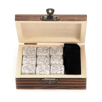 Σετ ουίσκι πέτρες - 9 πέτρες ουίσκι από γρανίτη / Ξύλινο κουτί / βελούδινη σακούλα / επαναχρησιμοποιούμενα παγάκια