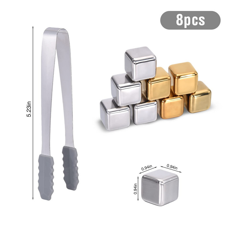 8 συσκευασίες ταχείας ψύξης 304 από ανοξείδωτο χάλυβα παγάκια ουίσκι πέτρες ουίσκι πέτρες ουίσκι επαναχρησιμοποιούμενα Chilling Stones Κύβοι πάγου για ποτά