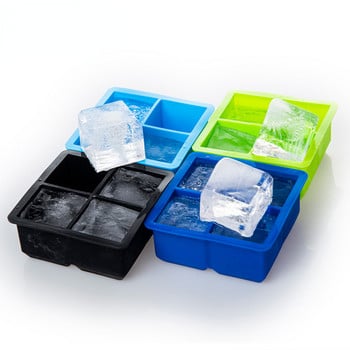 Δίσκος 4 Grids Big Ice Cube Maker Δίσκος σιλικόνης Τετράγωνο καλούπι πάγου για ουίσκι Κοκτέιλ Μπράντυ Μεγάλο Cubitera Ice Tray Φόρμα για παγάκια