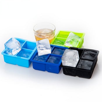 Δίσκος 4 Grids Big Ice Cube Maker Δίσκος σιλικόνης Τετράγωνο καλούπι πάγου για ουίσκι Κοκτέιλ Μπράντυ Μεγάλο Cubitera Ice Tray Φόρμα για παγάκια