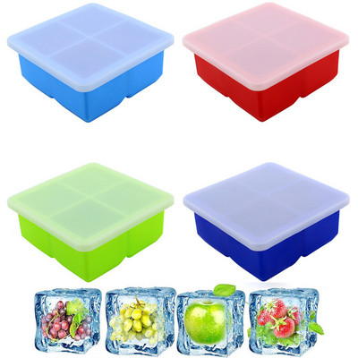 Δίσκος 4 Grids Big Ice Cube Maker Δίσκος σιλικόνης Τετράγωνο καλούπι πάγου για ουίσκι Κοκτέιλ Μπράντυ Μεγάλο Cubitera Ice Tray Φόρμα για παγάκια