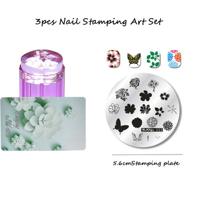 3 tk ümmargune küünte tembeldamiskunsti komplekt 6,5 cm roostevabast terasest küünetempli mall 3D linnu-/liblika-/lillekujutise šabloonide tööriistakomplekt