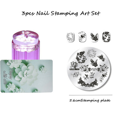 3 tk ümmargune küünte tembeldamiskunsti komplekt 6,5 cm roostevabast terasest küünetempli mall 3D linnu-/liblika-/lillekujutise šabloonide tööriistakomplekt