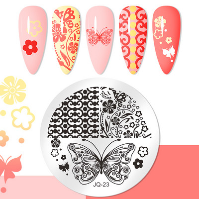 Στρογγυλές πλάκες για σφράγιση νυχιών με μοτίβο πεταλούδας Πλάκα τέχνης στένσιλ λουλουδιών Εργαλεία πρότυπο σφράγισης νυχιών