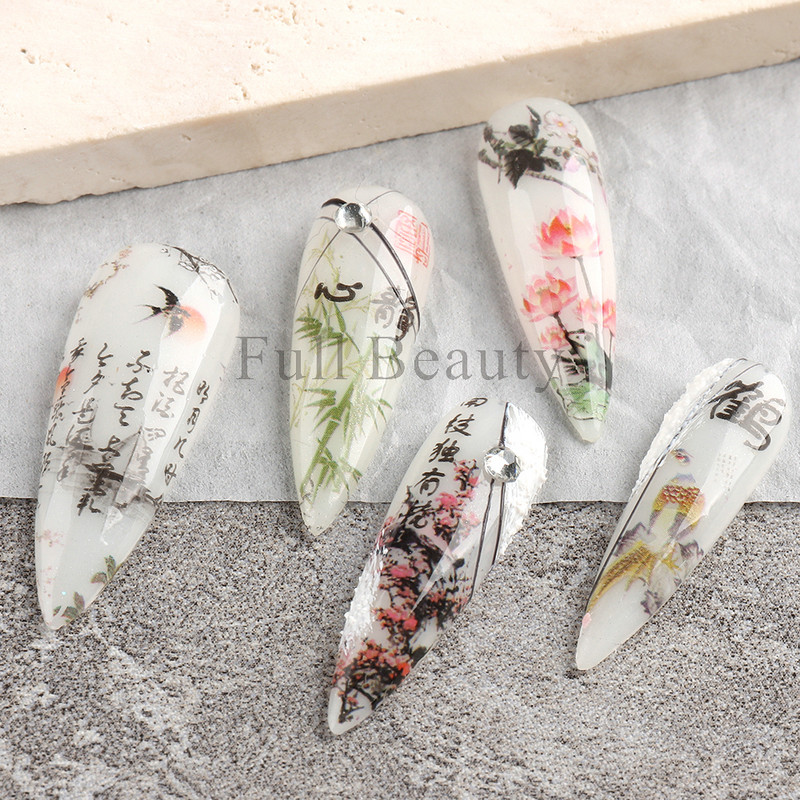 10 db kínai stílusú körömfólia cseresznyevirág matricák daru hegyi betűk csúszkák levél virágok körömfólia átvivő lap NLRTY