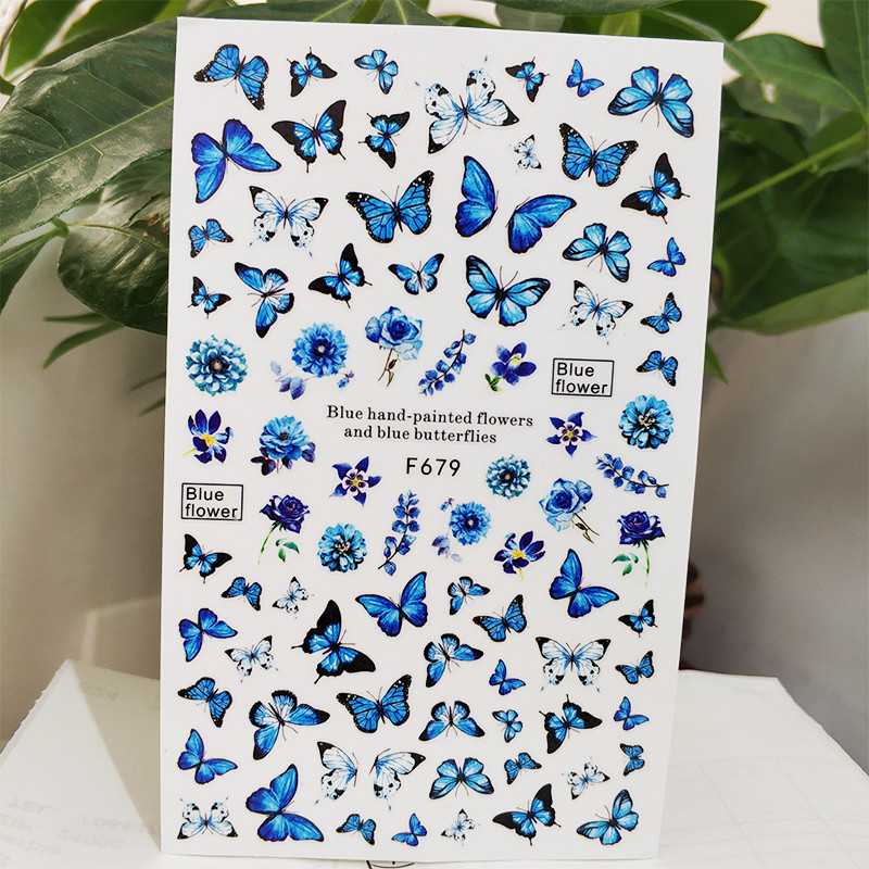 3D αυτοκόλλητο νυχιών Αυτοκόλλητα αυτοκόλλητα σχεδίασης για νύχια Αυτοκόλλητα μπλε πεταλούδα λουλούδια για μανικιούρ Διακόσμηση νυχιών