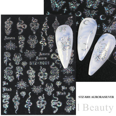 Metalni srebrni leptir 3D naljepnica za nokte Aurora Holografska laserska zvijezda Zmija Mjesec Novogodišnji klizač Proljetni dekor za manikuru NFSTZ-X002
