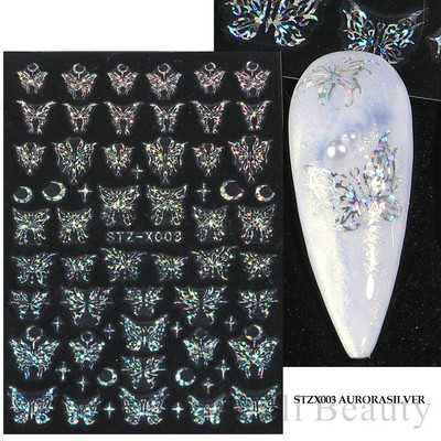 Metalni srebrni leptir 3D naljepnica za nokte Aurora Holografska laserska zvijezda Zmija Mjesec Novogodišnji klizač Proljetni dekor za manikuru NFSTZ-X002