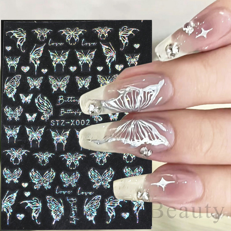 Metalni srebrni leptir 3D naljepnica za nokte Aurora Holografska laserska zvijezda Zmija Mjesec Novogodišnji klizač Proljetni dekor za manikuru NFSTZ-X002