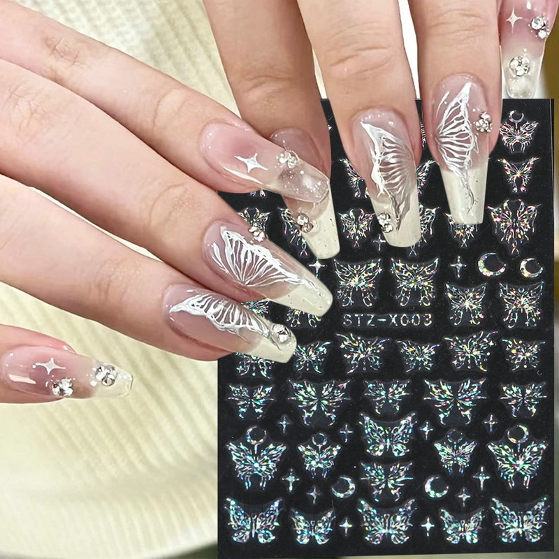 Metalni srebrni leptir 3D naljepnica za nokte Aurora Holografska laserska zvijezda Zmija Mjesec Novogodišnji klizač Proljetni dekor za manikuru NFSTZ-X002
