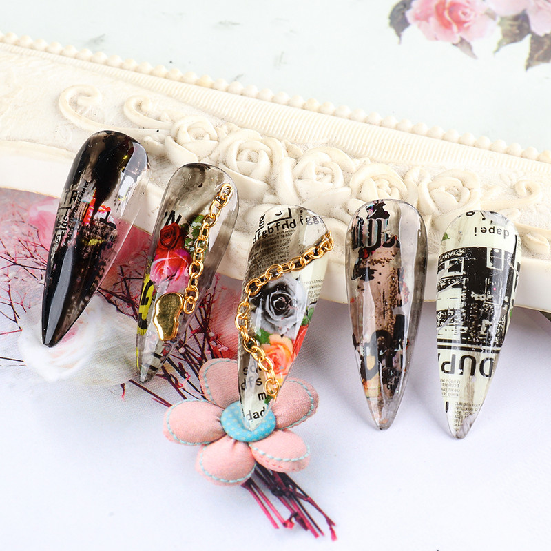 Set de autocolante de transfer lac de unghii cu gel de ziar, cu flori de epocă, scrisoare, pentru unghii, folii de artă pentru unghii, glisor, sfaturi pentru hârtie pentru manichiura BE5114