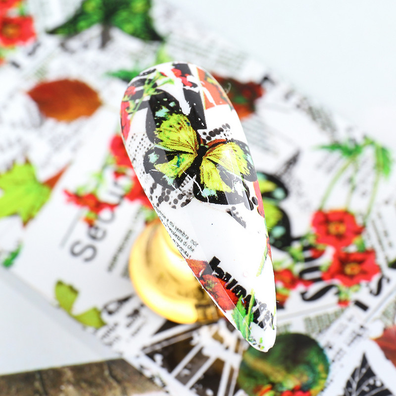 Set de autocolante de transfer lac de unghii cu gel de ziar, cu flori de epocă, scrisoare, pentru unghii, folii de artă pentru unghii, glisor, sfaturi pentru hârtie pentru manichiura BE5114