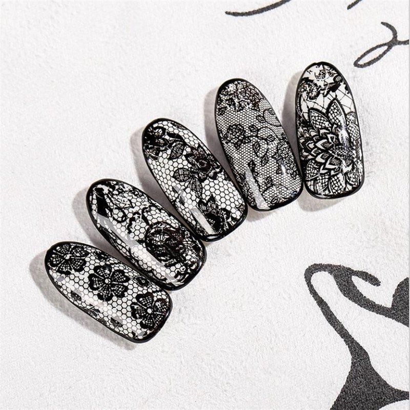 16Gb 4cm x 20cm balts, melns mežģīņu nagu mākslas folijas komplekts nagu pārnēsāšanas uzlīmju papīrs DIY manikīrs nagu dekorēšanas aksesuāri