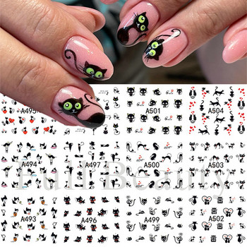 12 τμχ Μαύρες γάτες αυτοκόλλητα νυχιών Χαριτωμένα κινούμενα σχέδια ζωάκια για νύχια Love Heart Transfer Water Decals Tattoo Manicure NLA493-504
