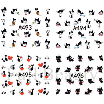 12бр. Черни котки Стикери за нокти Сладки анимационни плъзгачи за животни за нокти Любовно сърце Трансфер Водни стикери Маникюр Татуировка NLA493-504