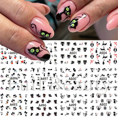 12 buc. Autocolante pentru unghii pisici negre Glisoare cu animale drăguțe din desene animate pentru unghii Love Heart Transfer Water Decals Manichiură Tattoo NLA493-504