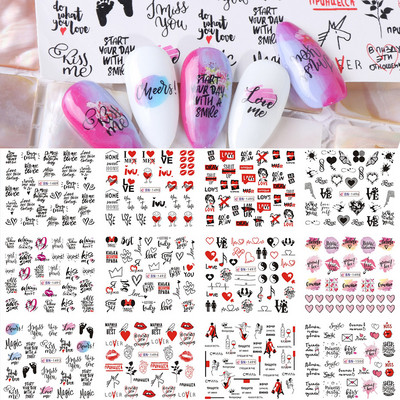 12 buc. Autocolante pentru unghii pisici negre Glisoare cu animale drăguțe din desene animate pentru unghii Love Heart Transfer Water Decals Manichiură Tattoo NLA493-504