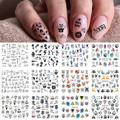 12 buc. Autocolante pentru unghii pisici negre Glisoare cu animale drăguțe din desene animate pentru unghii Love Heart Transfer Water Decals Manichiură Tattoo NLA493-504