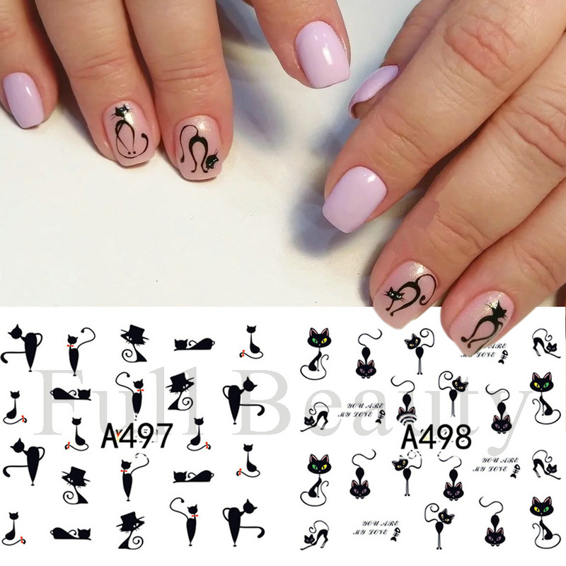 12 buc. Autocolante pentru unghii pisici negre Glisoare cu animale drăguțe din desene animate pentru unghii Love Heart Transfer Water Decals Manichiură Tattoo NLA493-504