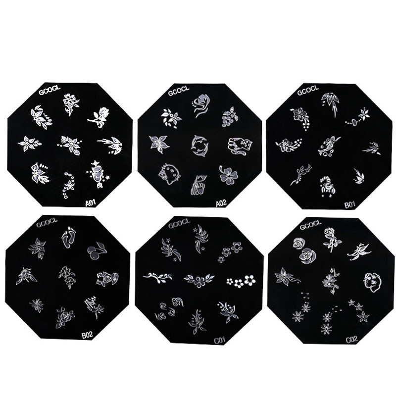 1 gab. 6 * 6 cm nerūsējošā tērauda nagu mākslas štancēšanas plāksnes atkārtoti lietojamas astoņstūra formas apdrukas plāksne ar ziedu dzīvnieku ķiršu apdruku