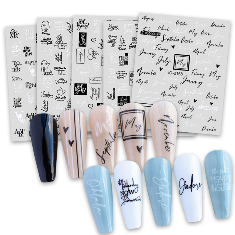 Αυτοκόλλητα νυχιών Γεωμετρικές γραμμές Μαύρα άσπρα γράμματα Loves Back Κόλλα Αυτοκόλλητα νυχιών Διακόσμηση για Συμβουλές νυχιών ομορφιά