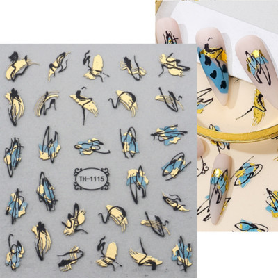 Μπλε μάρμαρο εφέ 3D Golden Wave Line Nails Art Αυτοκόλλητα Χρυσό μπρονζέ συρόμενο αυτοκόλλητο γεωμετρικές γραμμές Άνοιξη αυτοκόλλητα διακόσμηση