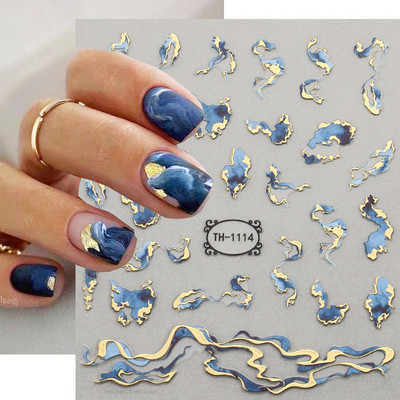 Μπλε μάρμαρο εφέ 3D Golden Wave Line Nails Art Αυτοκόλλητα Χρυσό μπρονζέ συρόμενο αυτοκόλλητο γεωμετρικές γραμμές Άνοιξη αυτοκόλλητα διακόσμηση