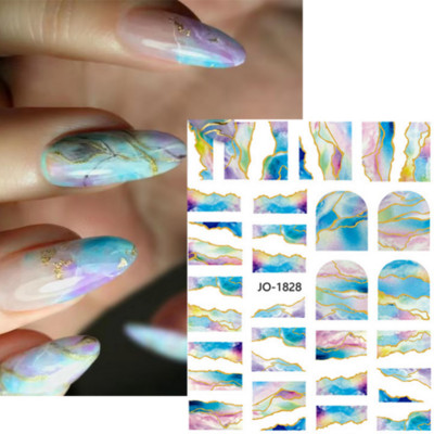 Μπλε μάρμαρο εφέ 3D Golden Wave Line Nails Art Αυτοκόλλητα Χρυσό μπρονζέ συρόμενο αυτοκόλλητο γεωμετρικές γραμμές Άνοιξη αυτοκόλλητα διακόσμηση
