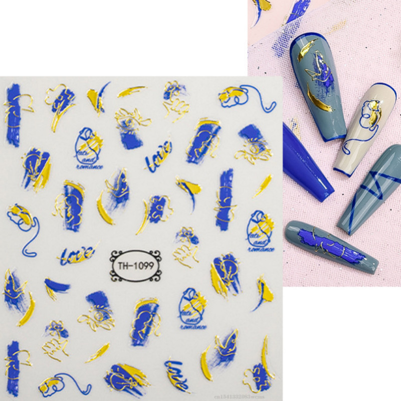 Μπλε μάρμαρο εφέ 3D Golden Wave Line Nails Art Αυτοκόλλητα Χρυσό μπρονζέ συρόμενο αυτοκόλλητο γεωμετρικές γραμμές Άνοιξη αυτοκόλλητα διακόσμηση