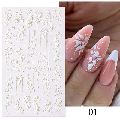 1 list bijelih reljefnih cvjetnih čipki 5D naljepnica s naljepnicama Wedding Nail Art dizajni Cvjetni cvjetni prijenos naljepnica s japanskom geometrijom